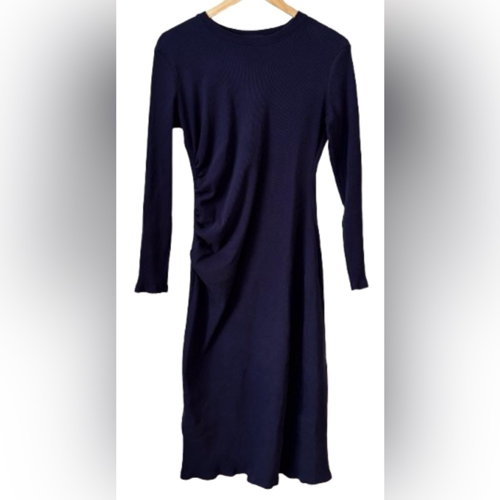 Zara nvy diag rib sd rouche l/s bodycon drss SZ XL dk academia office